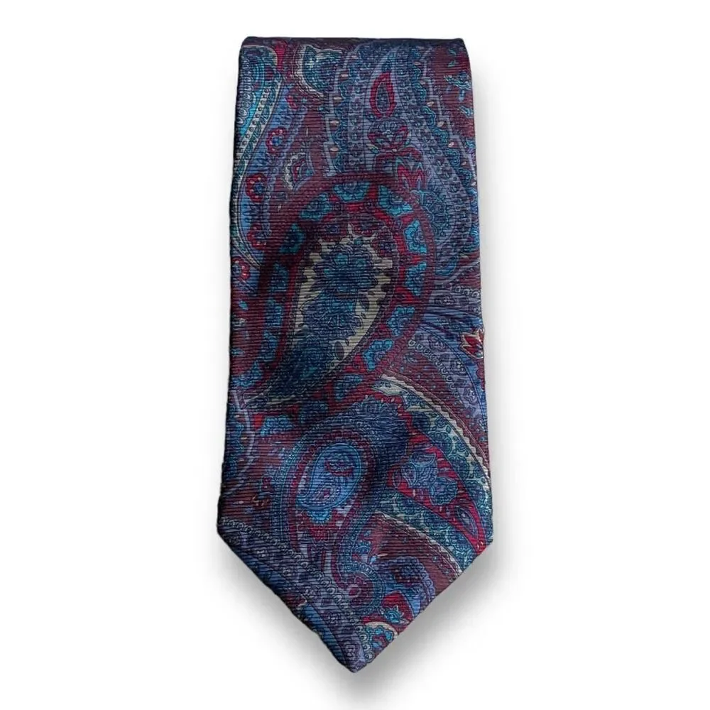 Vintage  Tie Burgundy Blue Retro‎ Paisley Print Silk Heritage Preppy Old Money